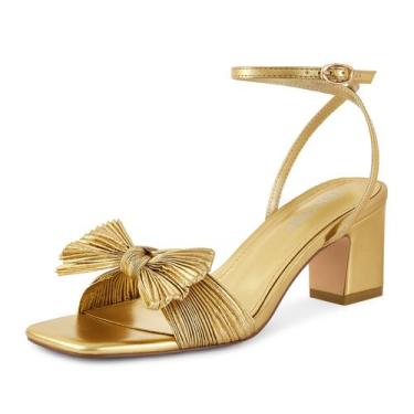 Imagem de Sandálias ISNOM Gold Heels Bow Knot Block Heel para casamento