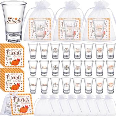 Imagem de Roshtia Conjunto de 24 copos de shot Happy Friendsgiving a granel 34 g Acrílico Mini Copos de Ação de Graças com etiqueta saco de organza para molho de coquetel de tequila, presente de Ação de Graças