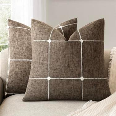 Imagem de Foindtower Pacote com 2 fronhas decorativas de linho falso jacquard xadrez capa de almofada de fazenda com detalhes texturizados em grade fronha para sofá, sala de estar, decoração de casa, 45 × 45 cm