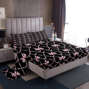Imagem de Erosebridal Jogo de lençol Queen com laço de fita rosa preta e nó de borboleta, estampa kawaii, geométrico, lençol com elástico