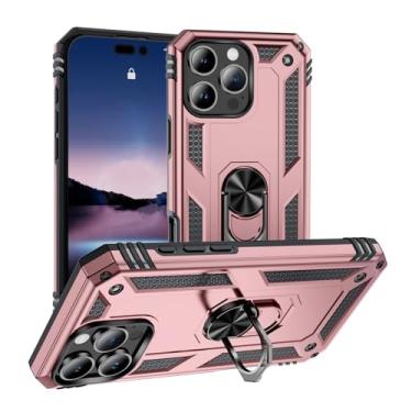 Imagem de SORAKA Capa para iPhone 16 Pro com suporte de anel, capa protetora para iPhone 16 Pro, capa traseira de policarbonato rígido com placa de metal para suporte magnético de telefone e carro, ouro rosa