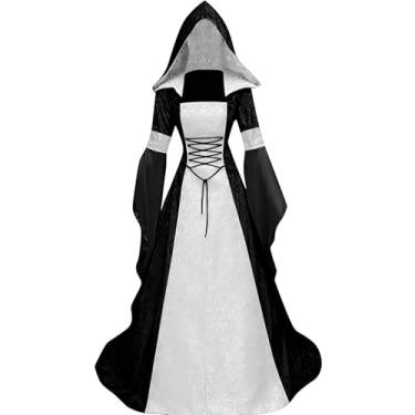 Imagem de Vestido medieval vitoriano para mulheres, fantasia vintage de bruxa renascentista irlandesa de veludo vampiro com capuz espartilho gótico cosplay vestido maxi tema baile de máscaras (branco + preto,