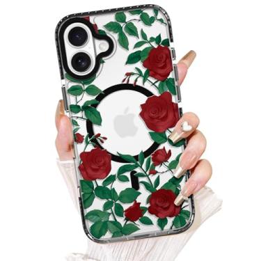 Imagem de AIGOMARA Capa floral para iPhone 17 [compatível com MagSafe] Padrão de flor rosa vermelha com capa de telefone transparente para mulheres Gilrs Soft TPU e PC Capa protetora traseira fina