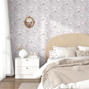 Imagem de Papel de parede floral rosa para contato floral princesa papel de parede flor peônia roxo claro vinil papel de parede 44,5 cm x 797,6 cm papel de parede autoadesivo vintage para armários de quarto de