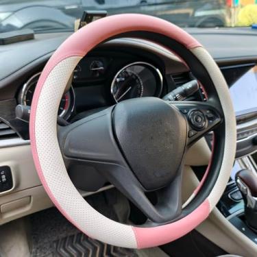 Imagem de Capa de volante de couro perfurado respirável, pega universal para volante de carro de 38 cm, macia e confortável, respirável e antiderrapante, adequada para sedans, vans, SUVs (rosa)