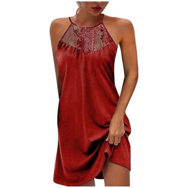 Imagem de Mulheres Verão Renda Sem Mangas O-neck Halter Sólidos Vestidos Curtos 