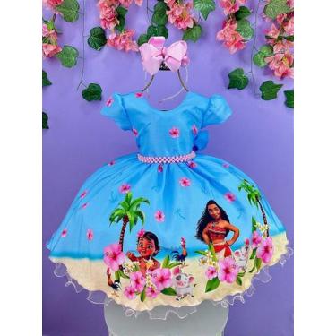 Imagem de Vestido Infantil Moana na Praia Azul para Festas - Tamanhos Variados -