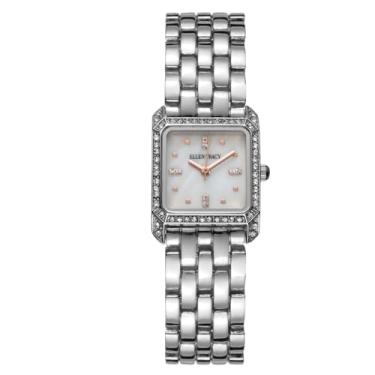 Imagem de ELLEN TRACY Relógio feminino com pulseira prata – mostrador quadrado branco com cristais facetados, Prata