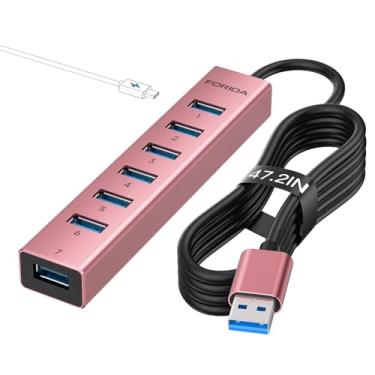 Imagem de Cabo longo de hub USB, divisor USB 3.0 de 8 portas com 7 portas de dados USB 3.0, adaptador multiportas com porta de alimentação tipo C 5V/3A, cabo principal de 120 cm para laptop, PC e mais