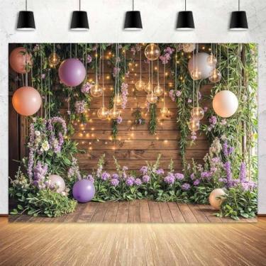 Imagem de 2 x 1,5 m Pano de fundo de parede floral flores roxas piso de madeira rústica borboleta vela de fotografia de casamento fundo ocidental bebê chá de panela aniversário sessão de fotos adereços de