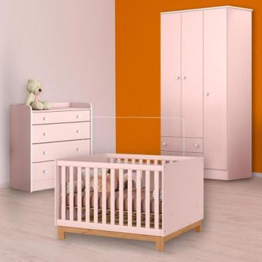Imagem de Berço Mini Cama Slim, Cômoda Trocador e Guarda Roupa Rosa - Qmovi