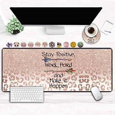 Imagem de Mouse pad grande para jogos, ergonômico estendido para computadores, teclado espesso, base de borracha antiderrapante, mouse pad com porta-copos, permanece positivo, trabalho duro e faz com que aconteça, estampa de estrela de leopardo
