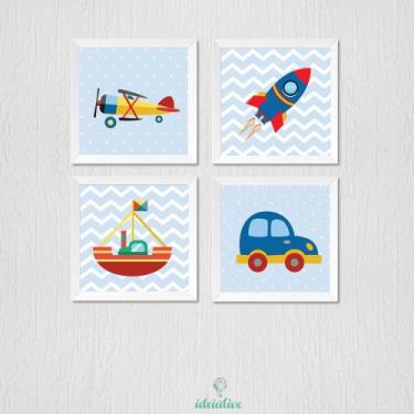 Imagem de Quadro Decorativo Infantil Avião, Foguete, Barco e Carro - 20x20cm - n