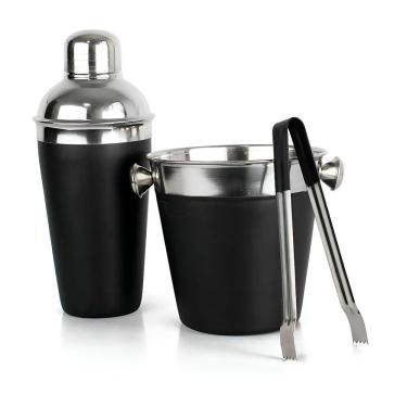 Imagem de Kit Conjunto Bar 3 Peças Coqueteleira Balde Pegador Inox Preto