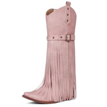 Imagem de Grakihily Botas de cowboy femininas retrô bico quadrado lateral com zíper bloco salto grosso borla country roupas de concerto botas vaqueiras ocidentais de panturrilha, B58./Rosa, 36