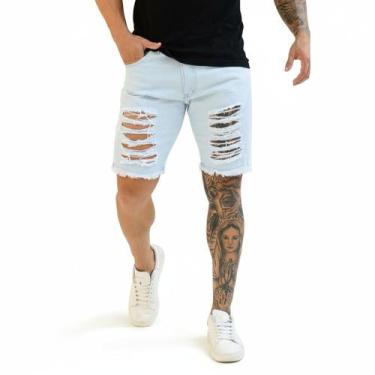 Imagem de Bermuda Jeans Masculina Rasgada Sarja Destroyed - Mitchelgutto, Jeans 