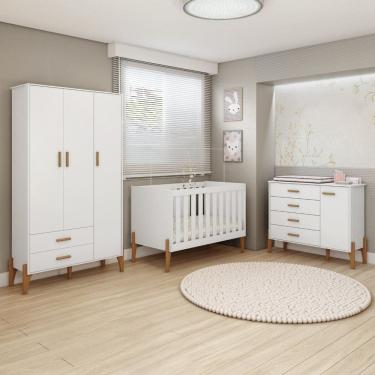 Imagem de Quarto de Bebê Completo com Guarda-roupa Cômoda Berço Mini Cama 100% Mdf Retrô Atóxico Liris Branco