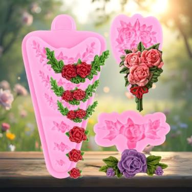 Imagem de Coroa de rosas moldes de fondant de flores buquê de folhas molde de silicone para decoração de bolo de casamento topo de cupcake chocolate doce argila polímero conjunto de 3