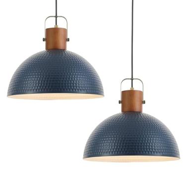 Imagem de ELYONA Pacote com 2 luminárias pendentes grandes de madeira de freixo 40,6 cm lâmpada suspensa de metal martelado com alça de latão lustres para casa de fazenda, cozinha, ilha, sala de jantar, pia