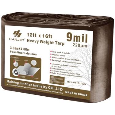 Imagem de Hanjet Tarp – Caneta resistente à prova d'água para acampamento, carro, piscina, 9 mm, lona de polietileno espessa, verde/marrom e cinza, 12x16 Feet, Brown&Silver