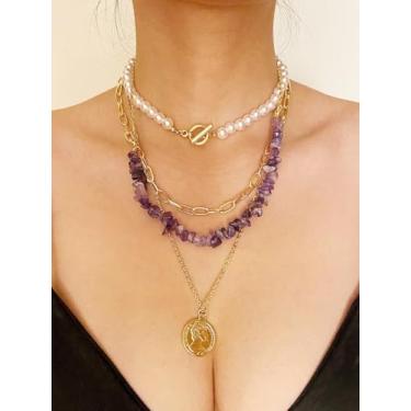 Imagem de Colar feminino de pérolas de pedra verde em camadas - Gargantilha delicada ajustável com pingente de retrato dourado, Medium, Ferro Plástico Pedra, Sem Pedra Preciosa