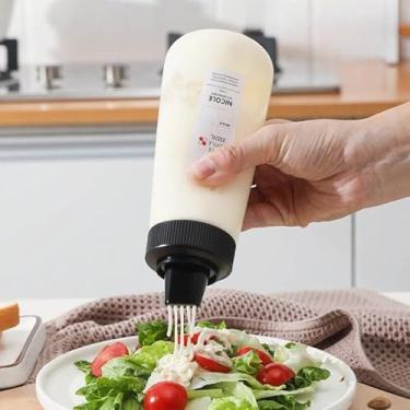 Imagem de Garrafa de apertar de 5 furos de grau alimentício, dispensador de mel, ketchup, molho de salada, garrafa de condimento de cozinha recarregável (preto)