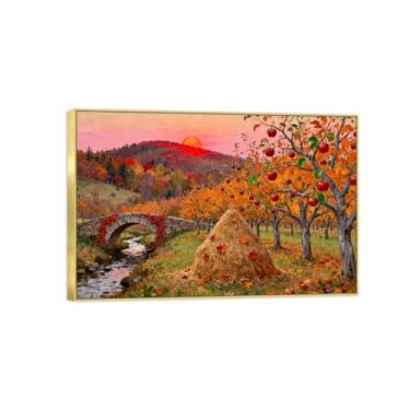 Imagem de BMZFYBS Imagem de paisagem de parede de outono - Ponte do rio da árvore - Impressões em tela vintage - Pintura em moldura dourada para sala de estar decoração de casa de fazenda 70 x 105 cm 27 x 41