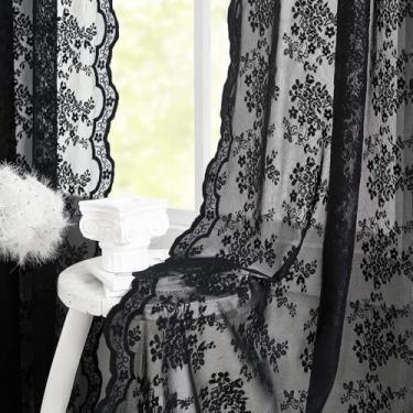 Imagem de YJ YANJUN Cortinas de renda preta 203 cm de comprimento 2 painéis para porta vitoriana escura Academia Cortinas para sala de estar quarto cortina de porta gótica com filtragem de luz 132 x 203 cm de