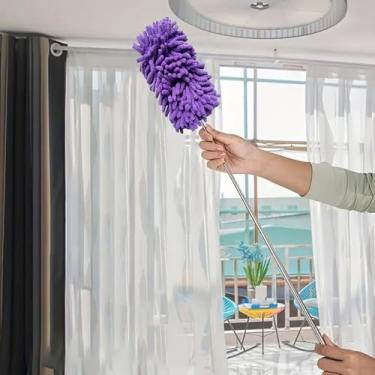 Imagem de Espanador de microfibra com haste extensível, esfregão de poeira reutilizável ferramenta de limpeza de ventilador para casa, carro, escritório, lâminas, janelas, móveis de vidro (roxo)