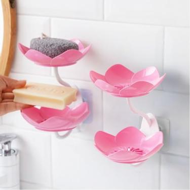 Imagem de Caixa de sabão de drenagem montada na parede camada dupla em forma de flor de lótus saboneteira removível armazenamento antiderrapante acessórios de banheiro autoadesivos (rosa)