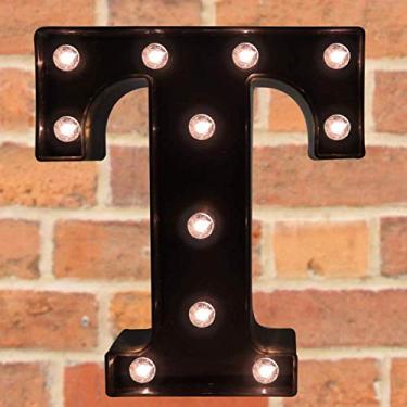 Imagem de Letreiro decorativo com letras iluminadas por LED - Letras de letreiro do alfabeto com luzes para festa de aniversário de casamento, Natal, luz noturna, decoração de bar, preto T