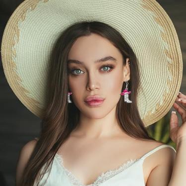 Imagem de Brincos femininos ocidentais prateados simétricos cowgirl brilhante strass cowboy esmalte chapéu boêmio rodeio bota brincos pendurados, chapéu vermelho rosa