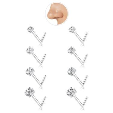 Imagem de 8 peças de aço cirúrgico hipoalergênico 20G em forma de L / parafusos de nariz para mulheres e homens, anéis de nariz de saca-rolhas com 1,5-3 mm CZ gancho leve pinos de narina, 1.5/2.0/2.5/3.0mm, Aço