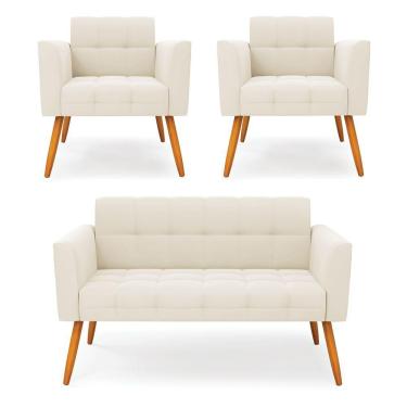 Imagem de Kit 1 Sofá Namoradeira E 2 Poltronas Elisa Veludo Pés Palito Castanho - D'rossi Cor Bege
