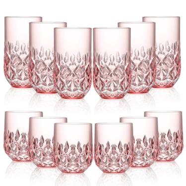 Imagem de Conjunto de 12 copos de 355 ml e copos de vidro de 510 g com design de diamante, conjuntos de copos de acrílico rosa, copos de acrílico, copo de plástico reutilizável para Ocktail Lced café, cerveja