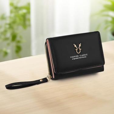 Imagem de Carteira feminina de poliuretano, porta-cartões com zíper triplo e decoração de chifre de veado, 6 compartimentos para cartão e 2 compartimentos para uso diário, compras, Preto, Casual