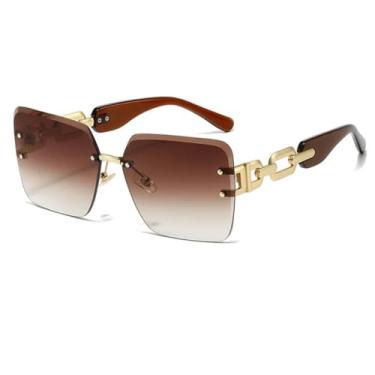 Imagem de HCPIHF Óculos de sol sem armação com corrente retrô UV400, óculos de sol gradiente para mulheres e homens, estilo punk moderno (dourado-marrom)