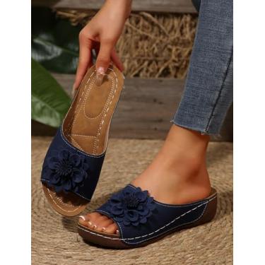 Imagem de Sandália feminina elegante de verão ortopédica deslizante feminina leve e grossa com suporte de arco para fascite plantar confortável, Azul escuro/flor, 35