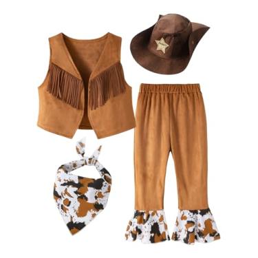 Imagem de Roupas ocidentais de camurça para bebês, colete com franja, roupa de cosplay amadeirado, com chapéu, 4 peças, conjunto de fantasia de festival estilo ocidental 2-3 anos