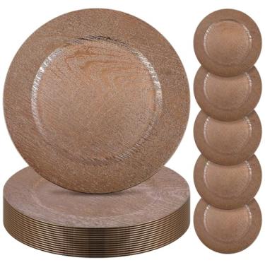 Imagem de Mifoci 12 placas de carregamento de madeira sintética, placas redondas de plástico rústico, 33 cm, design antigo, carregadores decorativos a granel para bandeja de jantar para casamento, mesa de