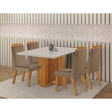 Imagem de Conjunto Sala de Jantar Mesa Lisboa com Tampo de Vidro 120cm e 4 Cadeiras em MDF Riviera LJ Móveis - Castanho Cinamomo/ Capuccino/Off White