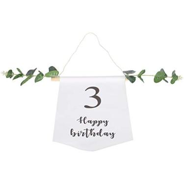 Imagem de Bandeira vertical de aniversário, folhas verdes, elementos de madeira, primavera como vitalidade para casa, quintal, decoração de festa, tamanho 27x20cm