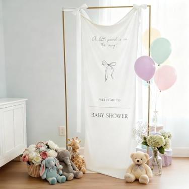 Imagem de HunnmingRe 152.4 cm x 61.0 cm Tecido Baby Shower Welcome Banner Sign A Little Pearl Is on the Way Grande Suporte de Exibição de Boas-Vindas Decoração com Fita de Laço para Cerimônia de Jardim Gramado