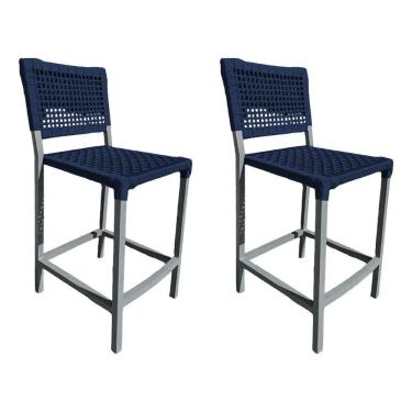 Imagem de Kit 2 Banquetas França Em Corda Náutica E Base Em Alumínio Cinza Para área Gourmet Azul Marinho Azul