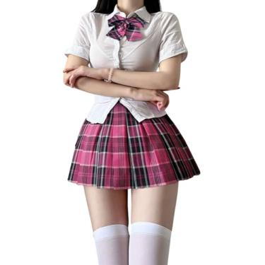 Imagem de BSJIA Saia feminina xadrez plissada cintura alta uniforme escolar japonês JK saia evasê com laços, Vermelho rosa, X-Large
