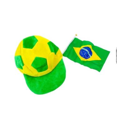 Imagem de Chapéu Bola e Bandeira Brasil Copa do Mundo, Verde e Amarelo, 30 cm x 17 cm, Tema Brasil, Modelo NO:0288, 50g