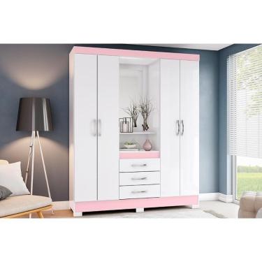 Imagem de Guarda Roupa Casal 4 Portas E 3 Gavetas C/ Espelho Briz B24 Branco/Rosa - Henn