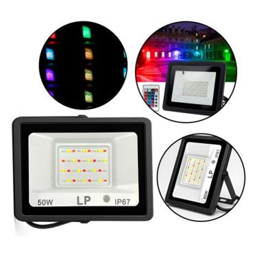 Imagem de Refletor LED RGB 50W Bivolt com Controle Remoto IP67 Ideal para Festas Fachadas e Áreas Externas