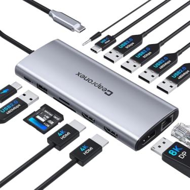 Imagem de Estação de ancoragem USB C 14 em 1 com 2 monitores HDMI 4K + DP 8K 3 monitores tela tripla para laptop, MacBook Pro/Air/HP/DELL/Lenovo, USB C Hub Dongle Dock com USB 3.0, RJ45, 100W PD, SD/TF, áudio