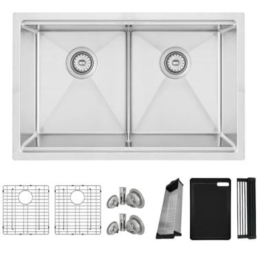 Imagem de Stylish Pia de estação de trabalho de 76 x 48 cm, tigela dupla de aço inoxidável 16G, pia de cozinha com grades inferiores, filtros, escorredor, tábua de corte preta e prateleira de secagem, P-230W